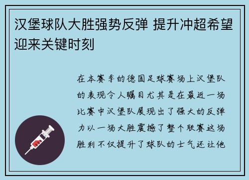 汉堡球队大胜强势反弹 提升冲超希望迎来关键时刻