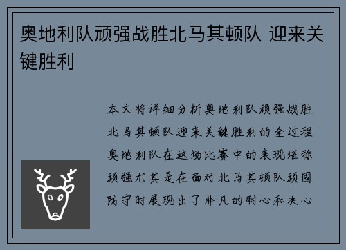 奥地利队顽强战胜北马其顿队 迎来关键胜利