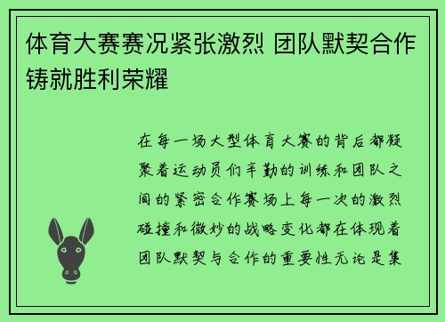 体育大赛赛况紧张激烈 团队默契合作铸就胜利荣耀