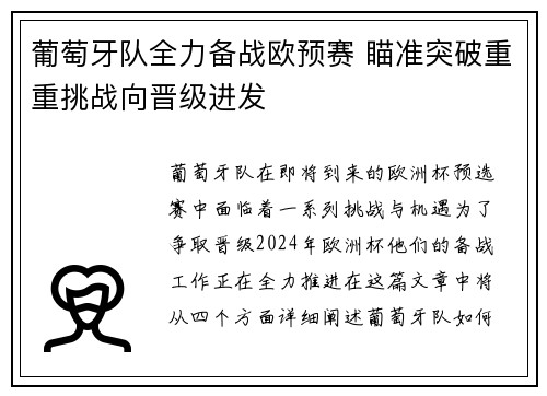 葡萄牙队全力备战欧预赛 瞄准突破重重挑战向晋级进发